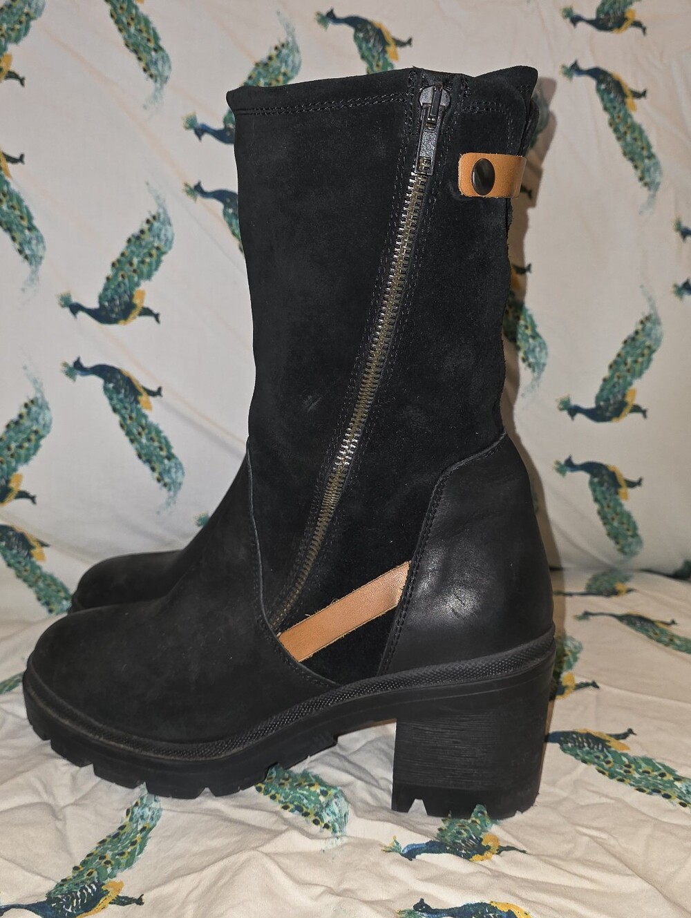 Black Suede & Leather Mid-Calf Heeled Boot with Tan Strap Accent